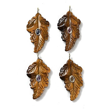 Natural Tiger Eye Carved Pendants, Leaf Charms with Golden Tone Brass Micro Pave Random Color Cubic Zirconia Findings, 49x24~24.5x6~8.5mm, Hole: 4x2.5mm