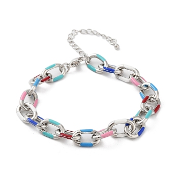 Brass Cable Chain Bracelets, with Colorful Enamel, Platinum, 7-7/8 inch(20cm), Wide: 9mm