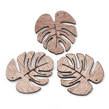 Undyed Platane Wood Pendants, Tropical Leaf Charms, Monstera Leaf, Camel, 49x45x3mm, Hole: 1mm