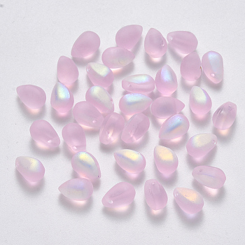 Transparent Spray Painted Glass Charms, AB Color Plated, Frosted, Teardrop, Pearl Pink, 9x6x6mm, Hole: 1mm