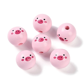 Animal Themes Printed Wood European Beads, Large Hole Round Beads with Pig Pattern, Pink, 19x18mm, Hole: 4mm