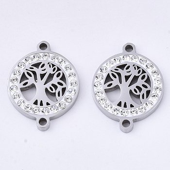201 Stainless Steel Links connectors, with Polymer Clay Crystal Rhinestone, Flat Round with Tree of Life, Stainless Steel Color, 20x15x2.5mm, Hole: 1.6mm