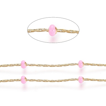 Stainless Steel Cardano Chains, with Enamel Beads and Spool, Long-Lasting Plated, Soldered, Flat Round, Golden, Pearl Pink, 1x1mm, about 32.8 Feet(10m)/roll