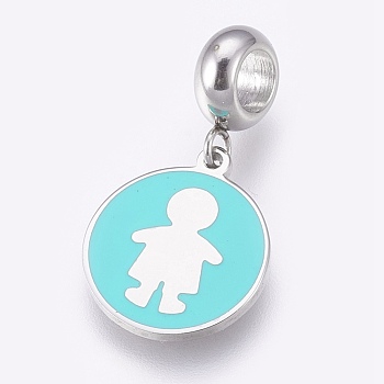 304 Stainless Steel European Dangle Charms, Large Hole Pendants, with Enamel, Flat Round with Boy, Cyan, Stainless Steel Color, 25.5mm, Hole: 4mm, Pendant: 16x13.5x1mm