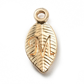 Alloy Pendants, Leaf with Letter Charm, Light Gold, Letter.M, 15.5x7.5x2.5mm, Hole: 1.5mm