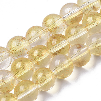 Transparent Spray Painted Glass Bead Strands, with Golden Foil, Round, Gold, 10~11mm, Hole: 1.4~1.6mm, about 39~42pcs/Strand, 14.84 inch~15.27 inch(37.7~38.8cm)