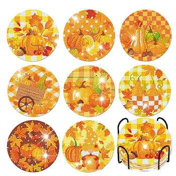 Thanksgiving Day Theme DIY Diamond Painting Acrylic Cup Mat Kits, including Cork Mat, Iron Coaster Stand, Resin Rhinestones, Diamond Sticky Pen, Tray Plate and Glue Clay, Round, 100mm, 8pcs