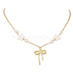 Alloy Crystal Rhinestone Bowknot Pendant Necklaces, Star & Round Natural Shell Beaded Necklaces, Golden, 17.32 inch(44cm)(X1-NJEW-TA00168)