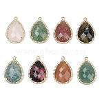 Natural Mixed Stone Faceted Pendants, Rack Plating Brass Micro Pave Clear Cubic Zirconia Teardrop Charms, Golden, 26.5x19.5x7mm, Hole: 1.6mm(G-K347-12G)