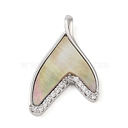 Brass Micro Pave Clear Cubic Zirconia Pendants, Natural Black Lip Shell Whale Tail Charms, Real Platinum Plated, 20x13x1.8mm, Hole: 2.5x1.5mm(KK-Q816-05P-02)