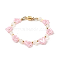 Glass Seed & Natural Agate Beaded Bracelet with Brass Magnetic Clasp, Heart Braided Bracelet for Women, Golden, Pearl Pink, 7-1/2 inch(19cm)(BJEW-JB07803-02)
