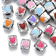 UV Plating Acrylic European Beads, with Enamel, Large Hole Beads, Mixed Color, Heart, Platinum, 10x8~9x8mm, Hole: 4mm(OACR-N010-004P)