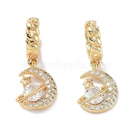 Real 18K Gold Plated Brass Dangle Hoop Earrings, with Cubic Zirconia, Moon, Clear, 25x11mm(EJEW-L269-021G)