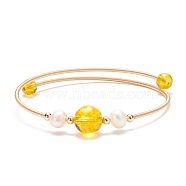 Natural Citrine(Dyed & Heated) & Quartz Crystal(Dyed & Heated) & Pearl Round Beaded Bangle, Brass Torque Bangle for Women, Golden, Inner Diameter: 2-1/4 inch(5.6cm)(BJEW-JB08464-06)