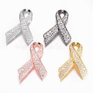 Brass Cubic Zirconia Safety Brooch, Awareness Ribbon, Mixed Color, 59x38mm, Pin: 0.8mm(JEWB-N0002-002)