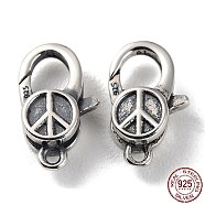925 Thailand Sterling Silver Lobster Claw Clasps, Peace Sign, with 925 Stamp, Antique Silver, 12.5x7.5x4mm, Hole: 1.2mm(STER-D003-43AS)