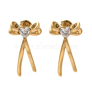 304 Stainless Steel Bowknot Stud Earrings, with Clear Cubic Zirconia, Golden, 24x14mm(EJEW-C113-01G)