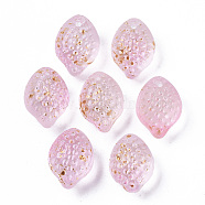 Transparent Spray Painted Glass Charms, with Golden Foil, Textured, Lemon, Pearl Pink, 14x10x9mm, Hole: 1mm(GLAA-R215-02-B08)