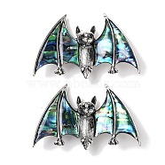 Tibetan Style Alloy Bat Brooches, with Natural Paua Shell and Rhinestone, Antique Silver, 37.5x59.5x12mm(JEWB-A021-01A-AS)