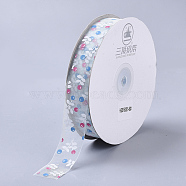 Flower Pattern Printed Polyester Organza Ribbons, Azure, 1 inch(25mm), about 100yards/roll(ORIB-Q034-04)