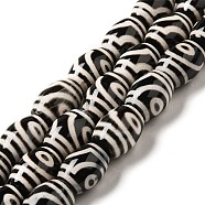 Tibetan Style dZi Beads Strands, Natural & Dyed Agate Beads, Rice, Black, 2-Eye, 13~14x9.5~10mm, Hole: 1.4mm, about 25pcs/strand, 13.58 inch(34.5cm)(G-F726-A09)
