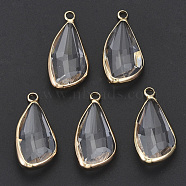 Transparent Glass Pendants, with Light Gold Plated Brass Findings, Faceted, Teardrop, Clear, 26x13x6mm, Hole: 2mm(GLAA-N038-10)