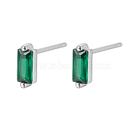Cubic Zirconia Rectangle Stud Earrings, Silver 925 Sterling Silver Post Earrings, with 925 Stamp, Dark Green, 7.8x3mm(FU7889-6)