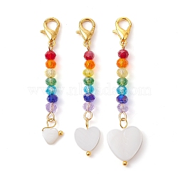 Freshwater Shell Pendant Decorations, with Alloy Lobster Claw Clasps & Glass Beads, Heart, 48~57mm, 3pcs/set(HJEW-JM01644-02)