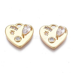 Brass Micro Pave Cubic Zirconia Charms, Nickel Free, Real 18K Gold Plated, Heart, Clear, 12x12x3mm, Hole: 1.5mm(KK-N232-261A)