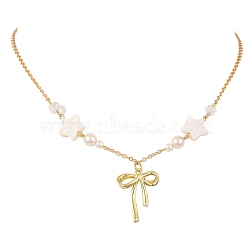 Alloy Crystal Rhinestone Bowknot Pendant Necklaces, Star & Round Natural Shell Beaded Necklaces, Golden, 17.32 inch(44cm)(X1-NJEW-TA00168)