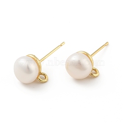 Natural Pearl Stud Earrings Findings, with Brass Findings and Horizontal Loops, Round, Cadmium Free & Lead Free, Real 18K Gold Plated, 10x7.5mm, Hole: 0.6mm, Pin: 0.6mm(KK-B059-33G)