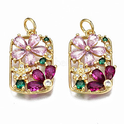 Brass Micro Pave Cubic Zirconia Pendants, with Jump Rings, Nickel Free, Real 16K Gold Plated, Flower, Pink, 21.5x14x3mm, Jump Ring: 5x0.8mm, 3mm inner diameter(ZIRC-Q200-010-NF)