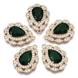 Brass Micro Pave Cubic Zirconia Pendants, with Faceted Glass, Long-Lasting Plated, Light Gold, Teardrop, Sea Green, 23x17x7mm, Hole: 1.4mm(KK-R111-005-A02)