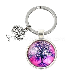 Alloy Glass Keychains, with 304 Stainless Steel Keychain Clasps, Flat Round, Fuchsia, 6.2cm(KEYC-YW00008-07)