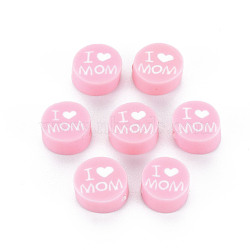Handmade Polymer Clay Beads, Mother's Day Theme, Flat Round with Word I Love MOM, Pink, 8~9.5x3.5~4.5mm, Hole: 1.5mm(X1-CLAY-T019-11I)