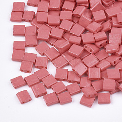 2-Hole Baking Paint Glass Seed Beads, Rectangle, Light Coral, 5x4.5~5.5x2~2.5mm, Hole: 0.5~0.8mm(X-SEED-S023-17C-18)