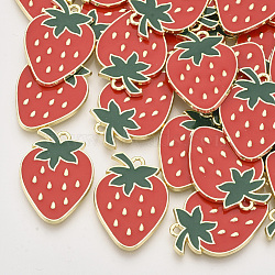 Alloy Enamel Pendants, Light Gold, Strawberry, Red, 29x20x2mm, Hole: 1.8mm(ENAM-N051-07C)