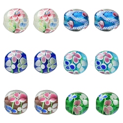 14Pcs 7 Colors Handmade Lampwork Beads, Round with Floral Pattern, Mixed Color, 12~13.5mm, Hole: 1.4~2.5mm(LAMP-YW0004-09)