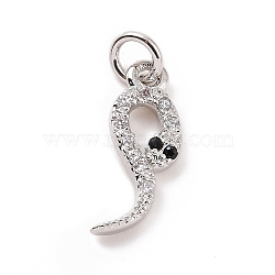 Brass Micro Pave Cubic Zirconia Charms, with Jump Ring, Snake Charm, Platinum, 15x6x2mm, Hole: 2.8mm(KK-C012-09P)