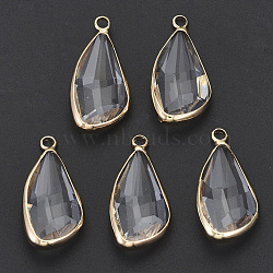 Transparent Glass Pendants, with Light Gold Plated Brass Findings, Faceted, Teardrop, Clear, 26x13x6mm, Hole: 2mm(GLAA-N038-10)