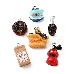 Opaque Resin Pendants, with Iron Loops, Imitation Food, Coffee Theme Charms, Platinum, Mixed Color, 19x10x7mm, Hole: 2mm, about 10pcs/bag(RE-CBA6149-01)