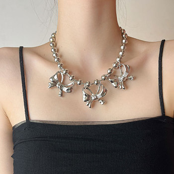 Alloy Ball Chain Bowknot Pendant Necklaces for Women, Platinum, 17.56x0.39 inch(44.6x1cm)