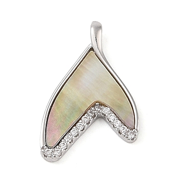 Brass Micro Pave Clear Cubic Zirconia Pendants, Natural Black Lip Shell Whale Tail Charms, Real Platinum Plated, 20x13x1.8mm, Hole: 2.5x1.5mm