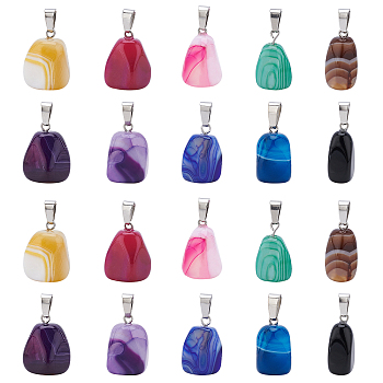 Natural Banded Agate/Striped Agate Pendants, Dyed, with Stainless Steel Snap On Bails, Cuboid, Stainless Steel Color, Mixed Color, 20~23x9~13x9~13mm, Hole: 3~4x7~8.5mm, 20pcs/box