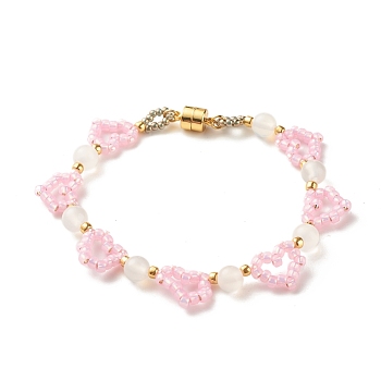 Glass Seed & Natural Agate Beaded Bracelet with Brass Magnetic Clasp, Heart Braided Bracelet for Women, Golden, Pearl Pink, 7-1/2 inch(19cm)