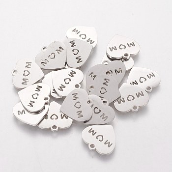 Mother's Day Theme, 304 Stainless Steel Charms, Heart with Word MOM, Stainless Steel Color, 13x14x1mm, Hole: 1.5mm