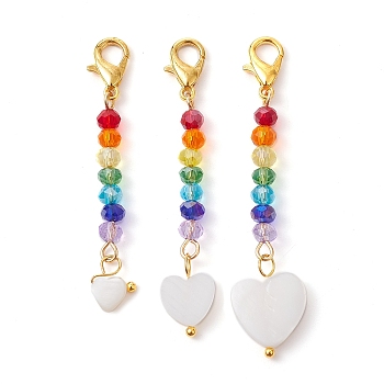 Freshwater Shell Pendant Decorations, with Alloy Lobster Claw Clasps & Glass Beads, Heart, 48~57mm, 3pcs/set