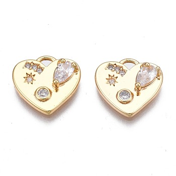 Brass Micro Pave Cubic Zirconia Charms, Nickel Free, Real 18K Gold Plated, Heart, Clear, 12x12x3mm, Hole: 1.5mm