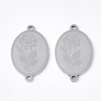 201 Stainless Steel Links connectors, Laser Cut Links, Oval with Flower Italy, Stainless Steel Color, 21.5x12.5x1mm, Hole: 1.2mm
