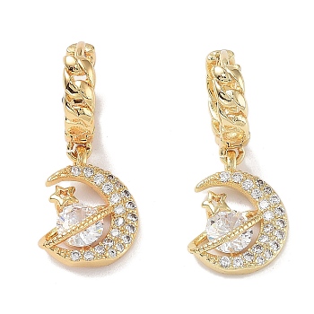 Real 18K Gold Plated Brass Dangle Hoop Earrings, with Cubic Zirconia, Moon, Clear, 25x11mm